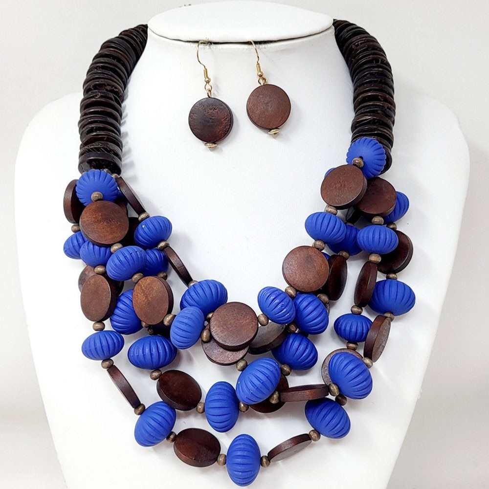Bold Blue & Brown Tribal Wooden Beaded Layered Statement Necklace